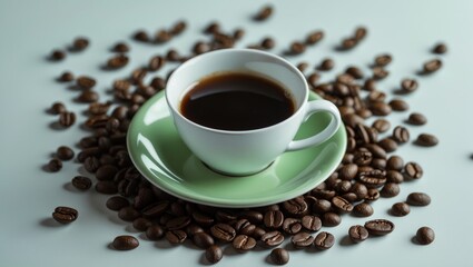 Fototapeta premium A close-up view of a cup of Americano coffee on a green saucer against a white background, featuring coffee beans and small isolated coffee cups from above.