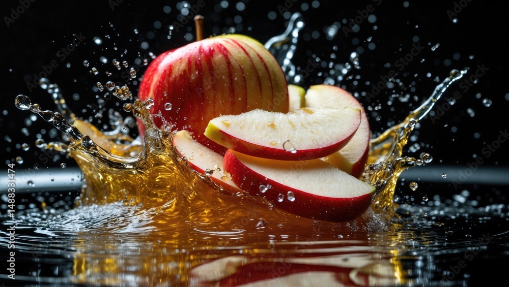 Poster splash of water capturing sliced apples in motion. isolated on background.