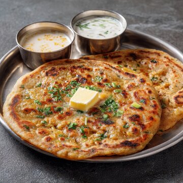 Traditional Indian Paneer Paratha served with Butter and Cool Yogurt Raita on a Silver Platter for Breakfast or Snack