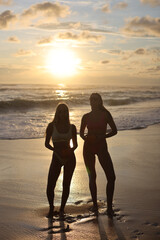 Silhouette of Two Women Holding Hands at Sunset on the Beach, Embracing a Beautiful Moment