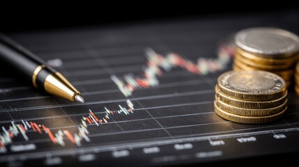 Pen rests on financial chart with stack of coins business concept.