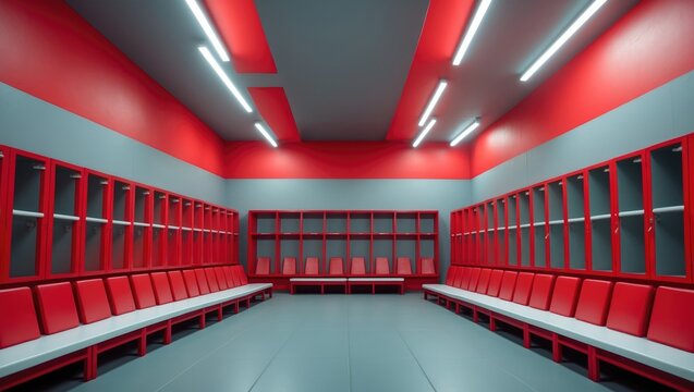 Interior design of a locker room in a gym with red, grey, and white hues - Powered by Adobe