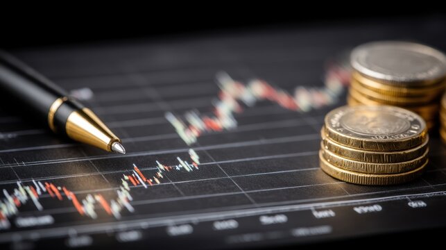 Pen rests on financial chart with stack of coins business concept. - Powered by Adobe