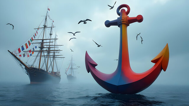Monumental Anchor Sculpture Painted in Gradient Rainbow Colors for National Maritime Day Positioned at Harbor Entrance with Decorated Ships