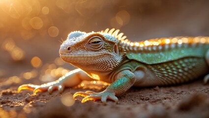 Fototapeta premium Isolated lizard warming itself in the summer sun, a close view of its dwelling.