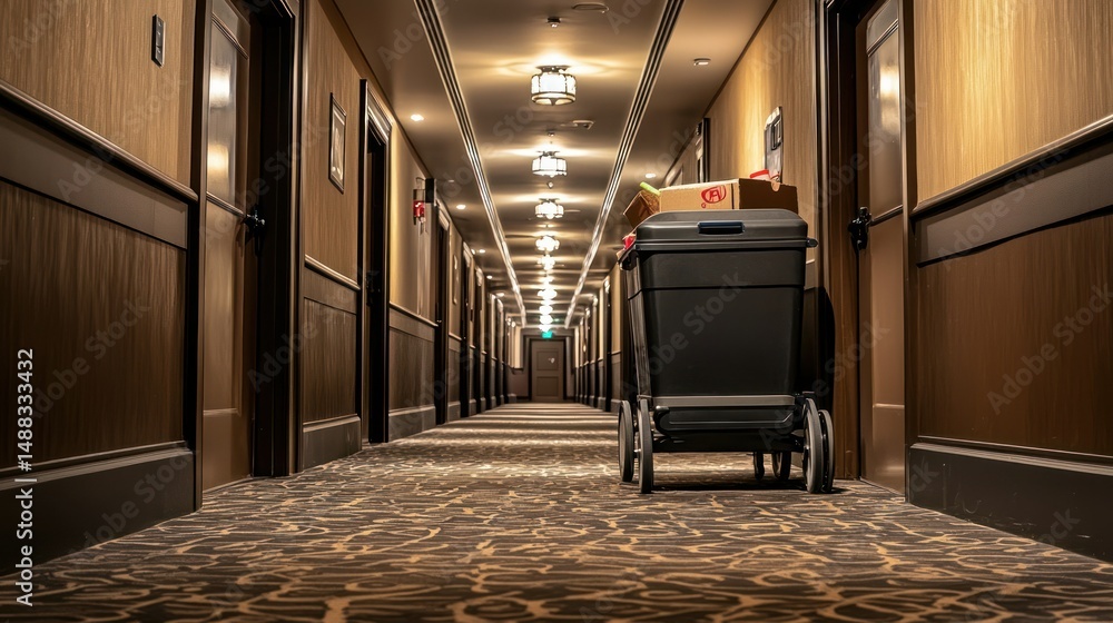 Poster a hotel hallway with a delivery robot in the foreground and a trash can in the background.
