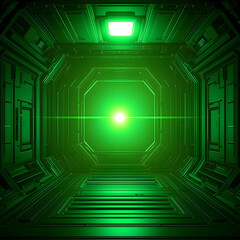 Green spaceship corridor; glowing end; futuristic; science fiction background; video game asset