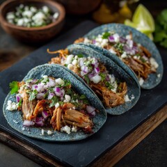 Traditional Mexican tacos filled with shredded slow-cooked meat topped with chopped onions and cilantro served on blue corn tortillas on a dark slate platter