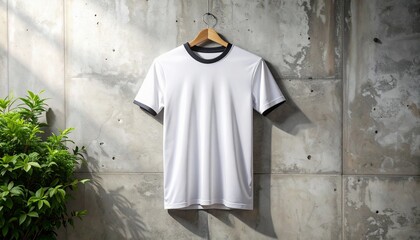 Sports jersey hanging on concrete wall with natural light. Minimalist urban style suitable for modern sports apparel branding.