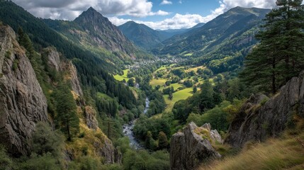 Obraz premium Mountain valley with trees and a stream under a cloudy blue sky.