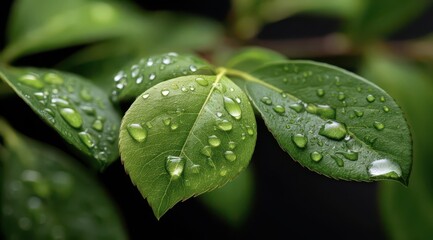Fresh Green Leaves with Water Drops