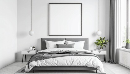 Minimalist bedroom wall art mockup with one large frame above the bed, monochrome color scheme. Simple and elegant appearance.