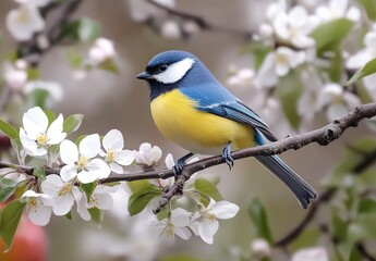 Obraz premium Blue and Yellow Bird Perched on a Blossoming Branch