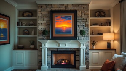 A stone fireplace set in a contemporary living room, complemented by a white-painted wooden mantle and new art.