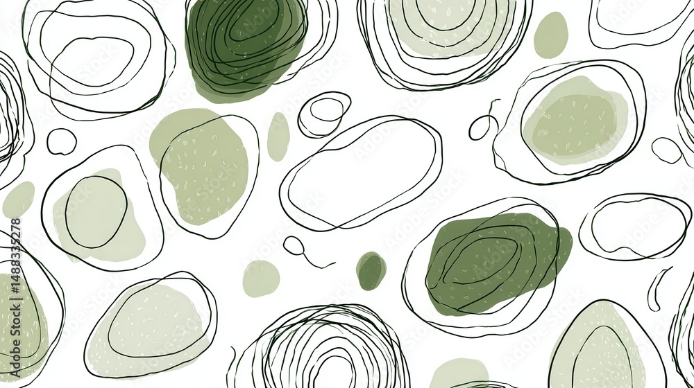 Poster green organic shapes varying in size, outlined selectively, creating abstract pattern against white 