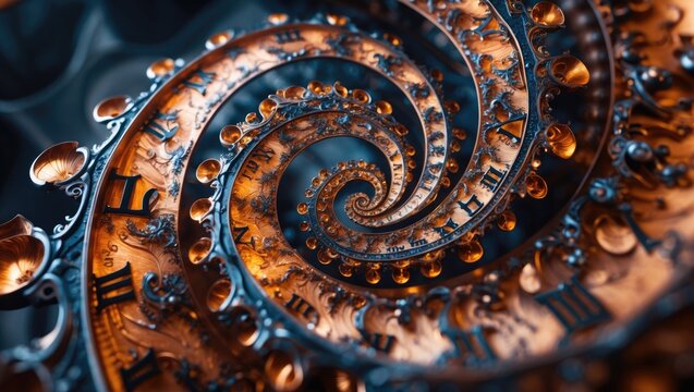 Antique spiral clock with abstract fractal design. Explore the captivating abstract fractal texture backdrop of the mechanism. A golden vintage timepiece featuring numeral effects in abstraction.