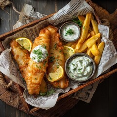 Crispy battered fish fillets served with fresh lemon wedges, crispy French fries, and creamy dipping sauces in rustic paper-lined basket