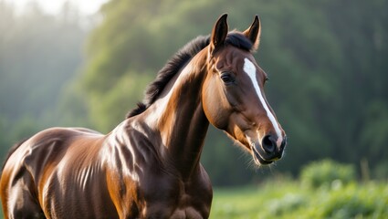 Fototapeta premium Image of a brown colt featuring a white stripe on its muzzle set against a natural backdrop.
