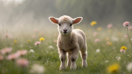 Close-up of a newborn lamb standing in a field.
