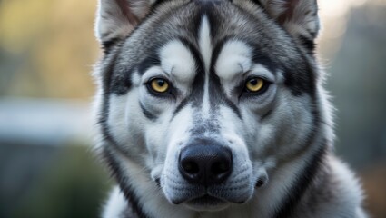 Obraz premium Close-up portrait of a serious husky dog with a blurred outdoor background.
