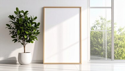 Modern art frame mockup with back lighting, large windows and natural sunlight in a minimalist room.