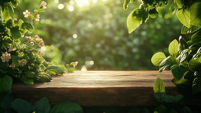 Wooden table with vibrant greenery and sunlight