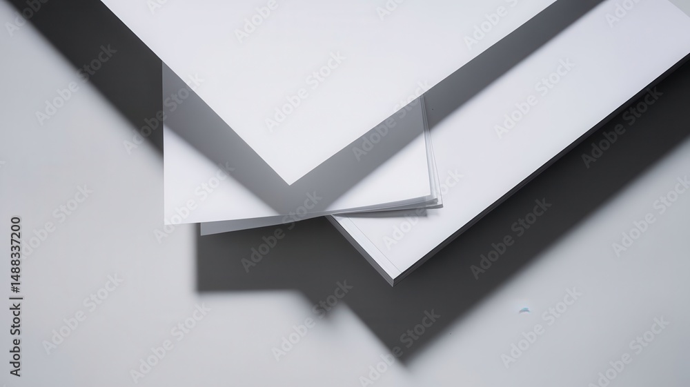 Poster minimalist composition featuring pristine white paper sheets and subtle shadows