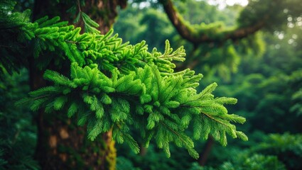 Intimate shot of new bright green growth on conifer branches atop a large tropical tree