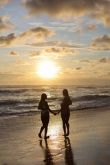 Silhouette of Two Women Holding Hands at Sunset on the Beach, Embracing a Beautiful Moment