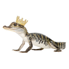 Naklejka premium A baby alligator proudly wears a small golden crown on a white background