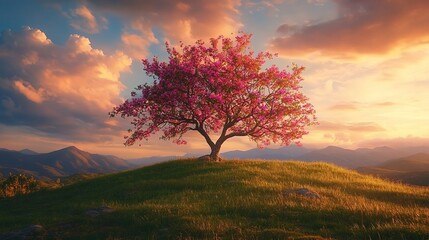 Obraz premium A solitary tree with pink blossoms stands on a grassy hill at sunset