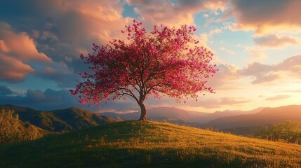 Fototapeta premium A solitary tree with pink blossoms stands on a grassy hillside at sunset