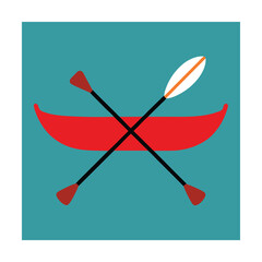 Simple illustration of a red canoe with crossed paddles on a teal background for adventure