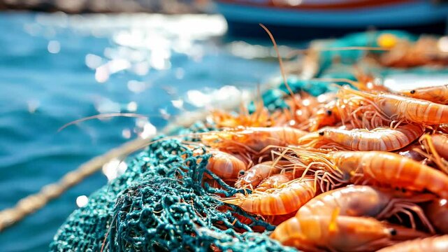 A close-up of freshly caught shrimp in a fishing net, marine livelihood and seafood freshness.