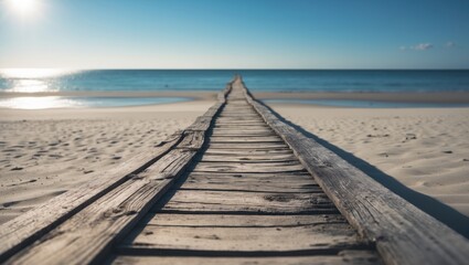 Obraz premium Tropical beach setting with wooden walkway, sunshine, and relaxing ocean backdrop