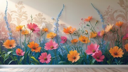 Vibrantly detailed wildflowers depicted on a wall. Contemporary design featuring a floral background. Suitable for a mural, card, or picture wallpaper.