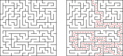 Classic black and white maze illustrating the path to the solution in a graphic concept