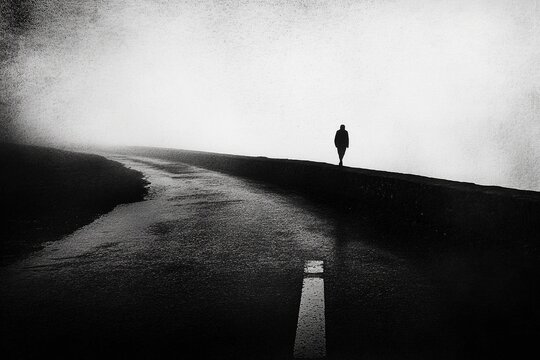 Solitary figure walks into misty abyss