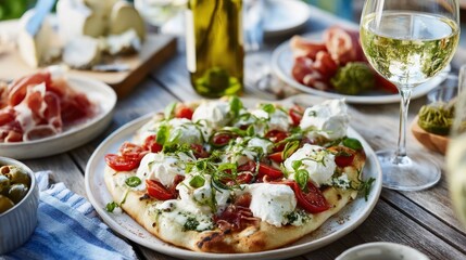 Pizza and other food items are arranged on a table outdoors.