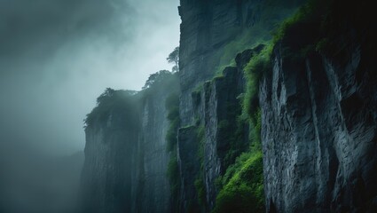 On a dreary day, a vertical photograph of the cliff serves as a perfect backdrop.