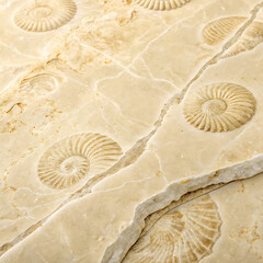 Close-up of creamy beige marble with subtle fossil imprints, soft daylight illumination