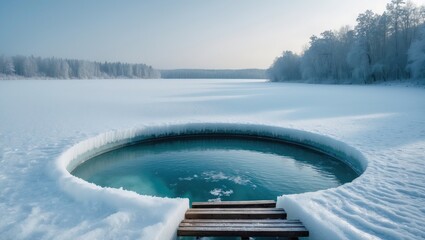 Icy snowy lake perspective for swimming