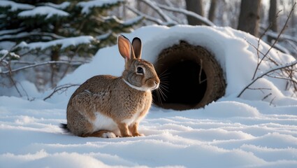 Obraz premium Eastern Cottontail Rabbit Resting by Its Hole on Snow in Winter