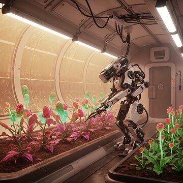 Futuristic robot tending to alien plants in a greenhouse environment