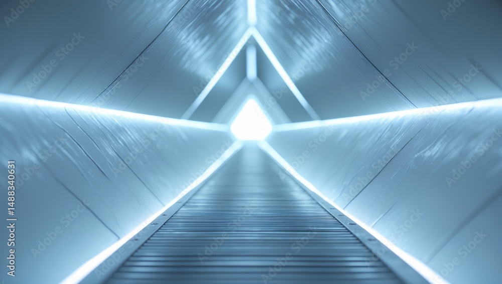 Poster contemporary and futuristic white backdrop. illuminated triangular tunnel in an abstract style. sci-
