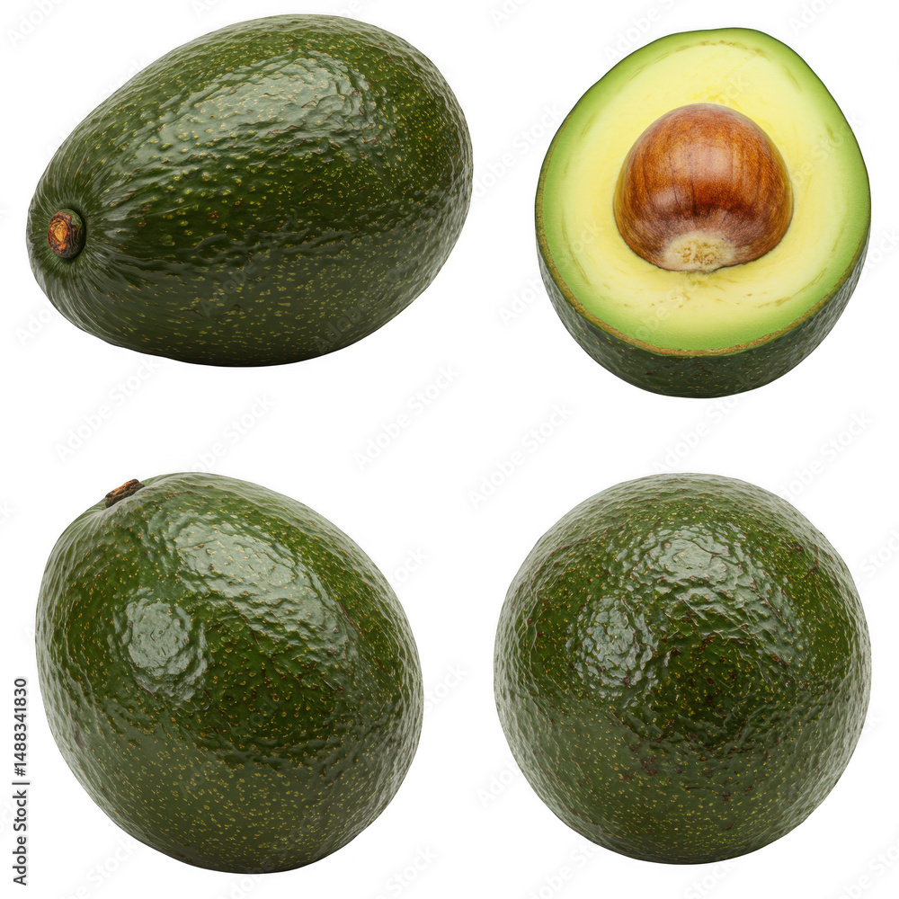 Poster four avocados in different views isolated on transparent background