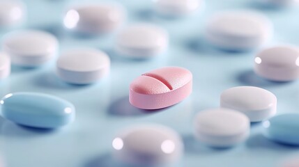 Close-up of various pills and capsules scattered on a light blue background.