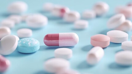Close-up of various pills and capsules scattered on a light blue background.