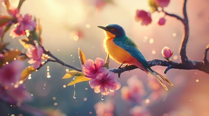 Colorful bird perched amongst delicate spring blossoms.