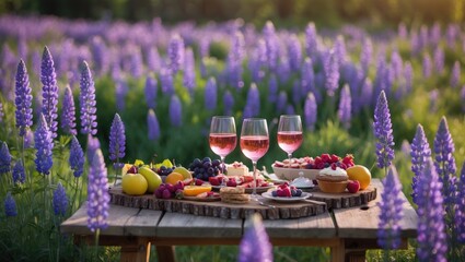 Beautiful country wedding decor, a romantic outdoor date surprise, garden flower arrangements in a meadow. Candles, fruits, and wine.